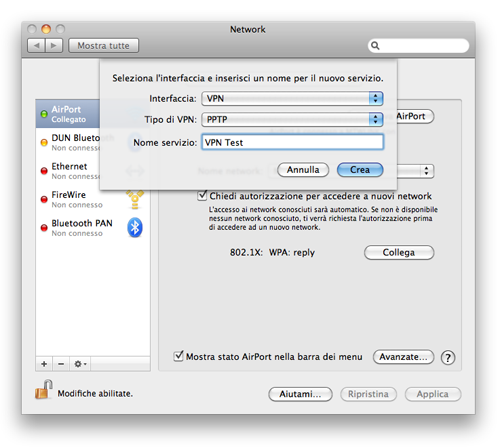 Connessione VPN PPTP Mac OS X