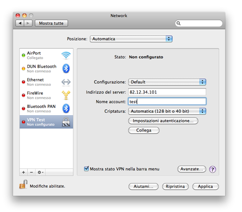 Connessione VPN PPTP Mac OS X