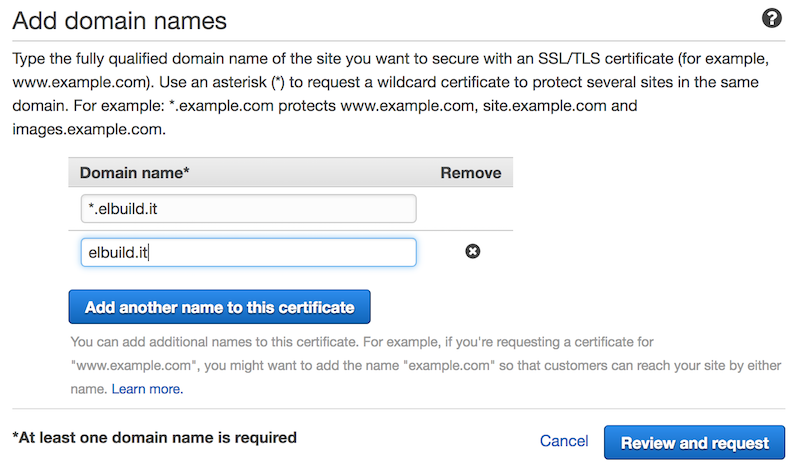 AWS Certificati SSL gratuiti | Selezione domini da validare