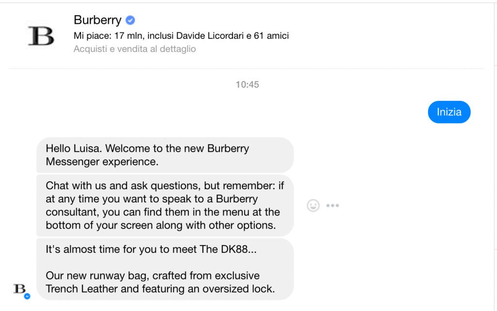 Schermata inizio interazione chatbot burberry