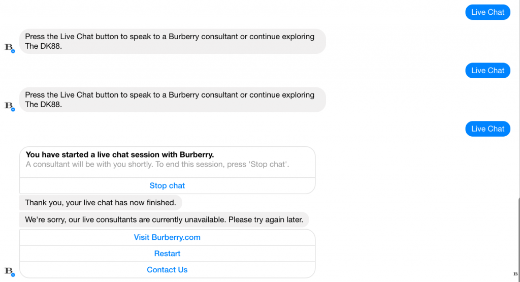 Passaggio da chatbot burberry a live chat fallito