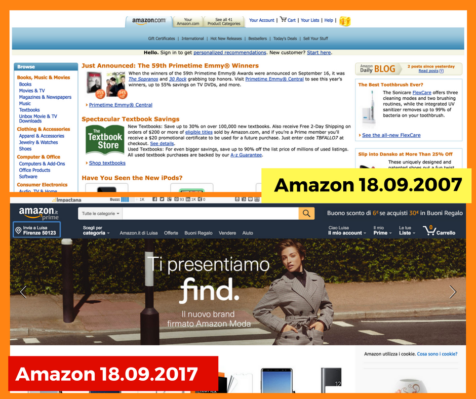 sito web amazon interfaccia 2007 e 2017